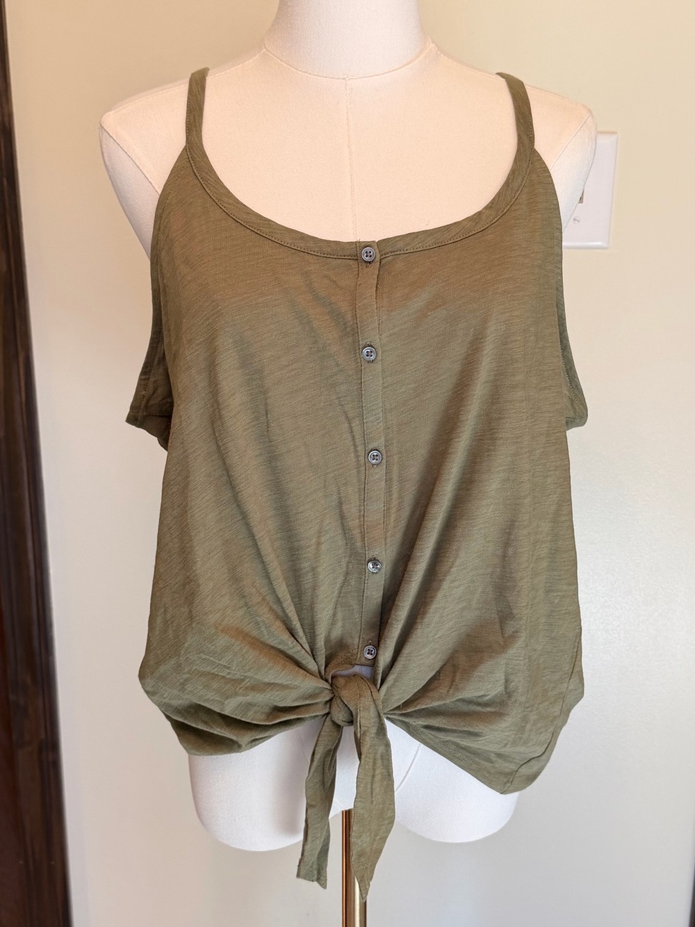 Loft Olive Green Tie-Front Button Tank Top